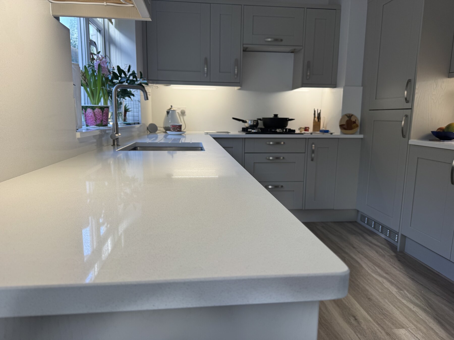 Grey English Shaker kitchen, chrome hardware, Wirral