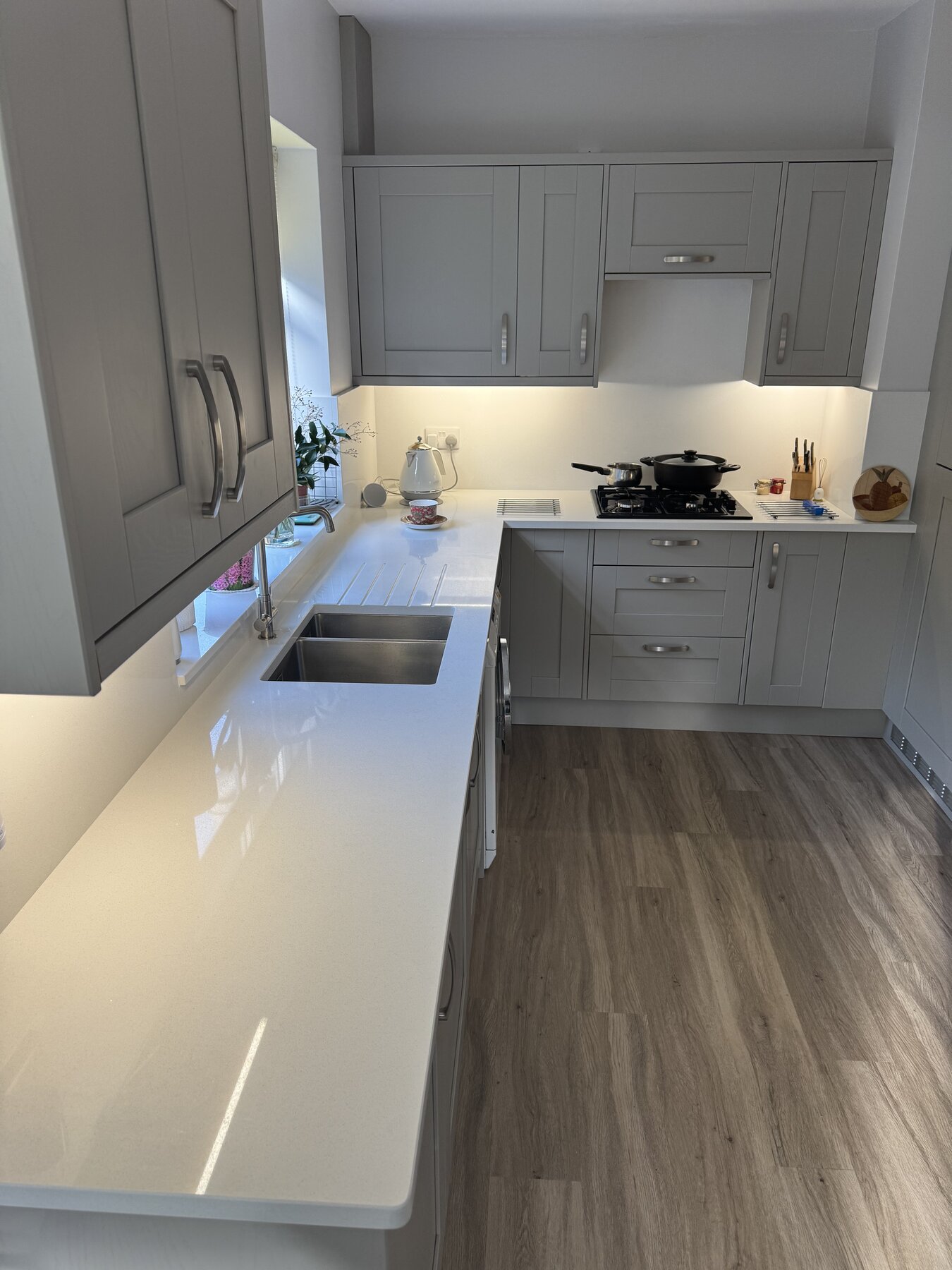 Grey English Shaker kitchen, marble worktop, Wirral
